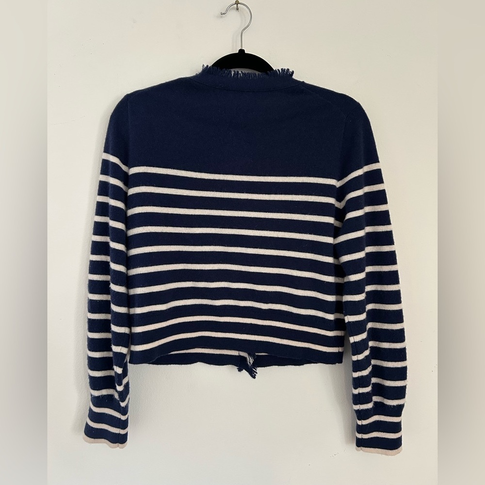 J. Crew Cashmere Blue White Striped fringe-trim sweater lady jacket Size Large - Picture 7 of 7